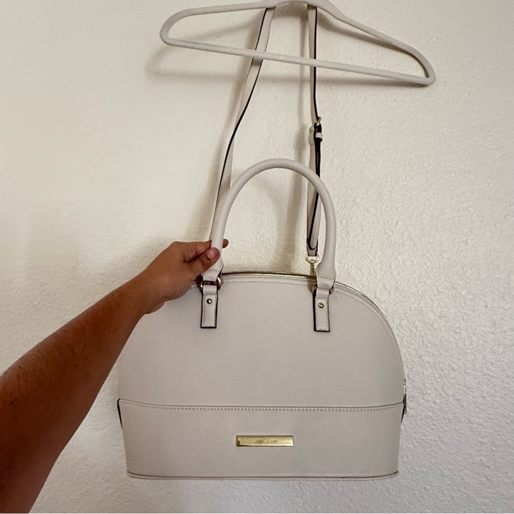 Anne Klein Shimmer Down Dome Satchel Off White Double Handle Minimalist Purse - Picture 2 of 8